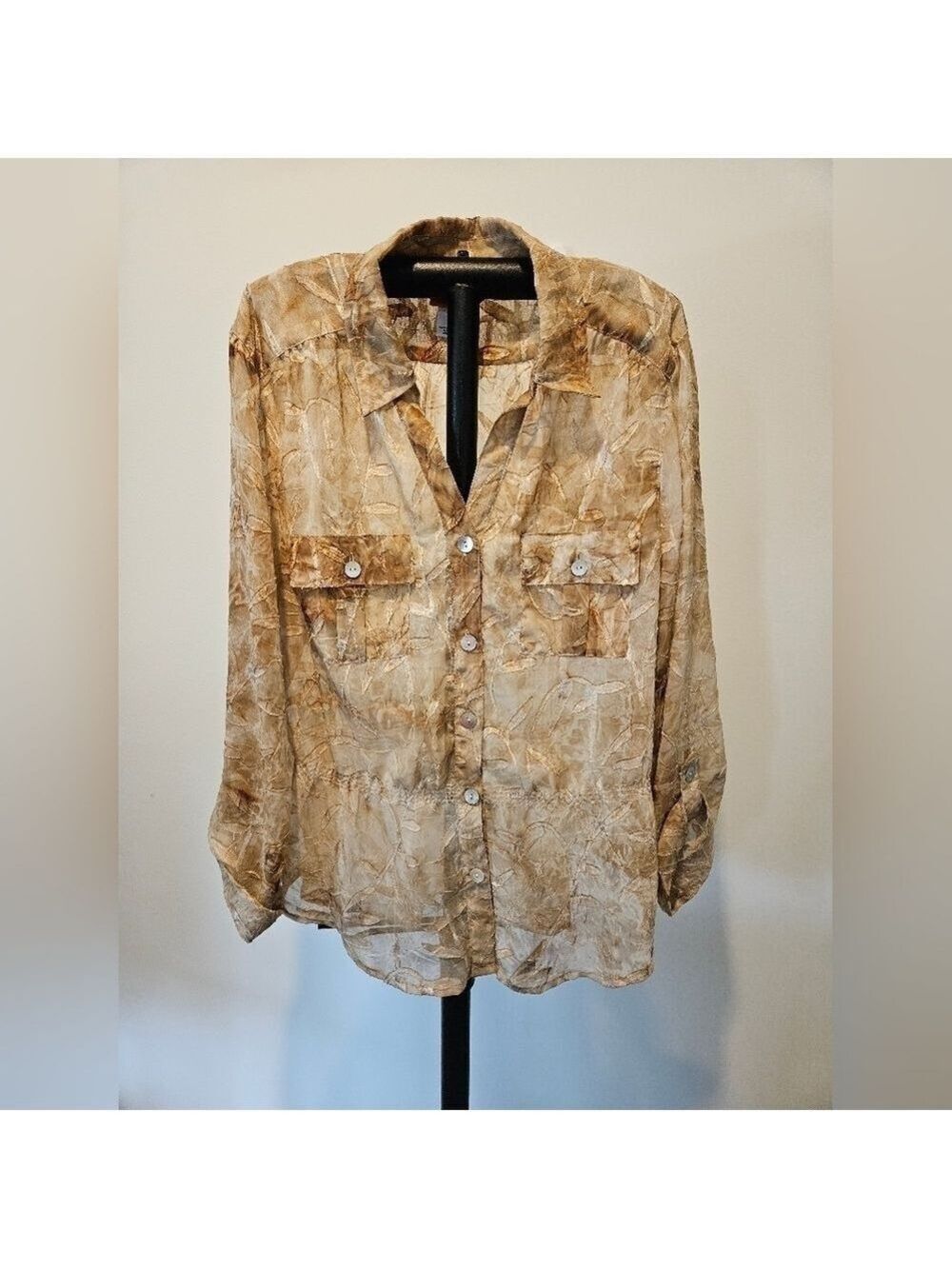 RUBY RD. WOMEN'S BROWN TONES LEAF PATTERN SEMI-SHEER BUTTON-DOWN BLOUSE SIZE 12